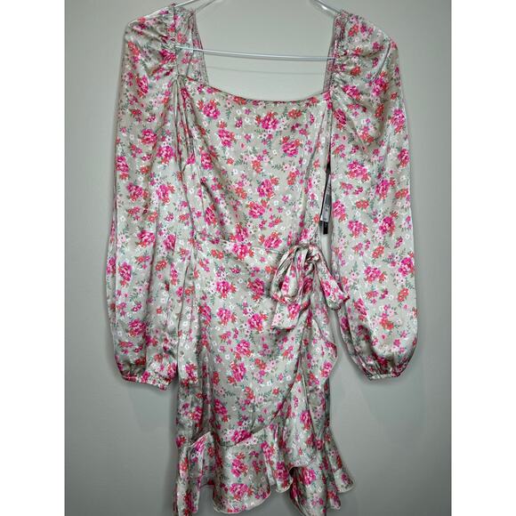 ❤️ Speechless Satin/Silk-Feel Floral Wrap-Style Mini Dress 3/4 Slv NEW w/Tags XS - Picture 1 of 3